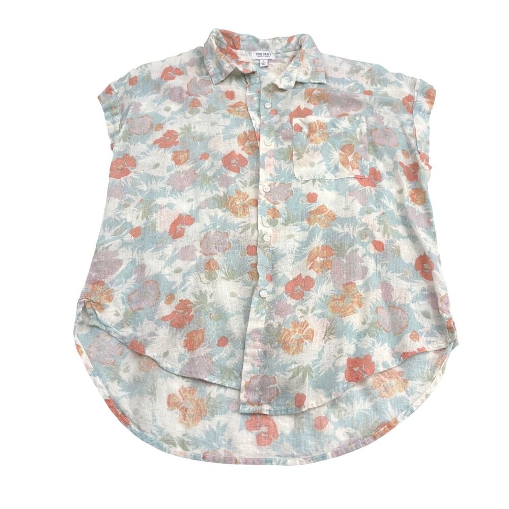 True Craft Women's Floral Print Button-Up Blouse Size Small Linen/Rayon Pastel‎